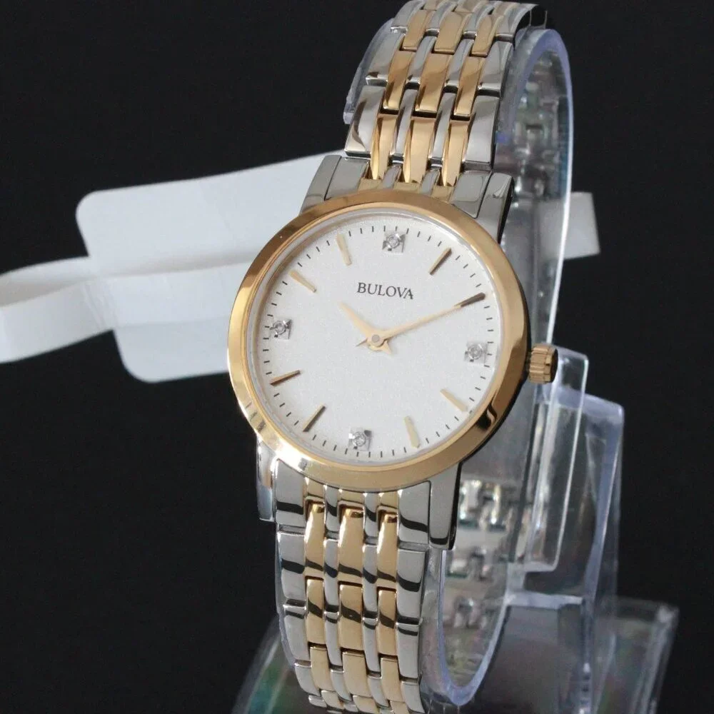 Bulova Ladies Sutton Classic Quartz Watch Four Diamond Accents Two Tone 27mm